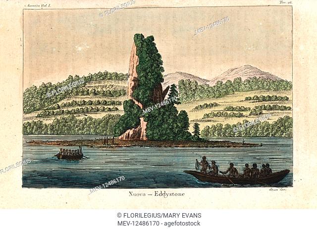 Native American fishing boats in front of New Eddystone Rock, a pillar of basalt in Alaska. Handcoloured copperplate engraving by Sasso from Giulio Ferrario's...