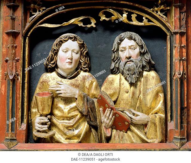 St Andrew and St John the Evangelist, detail from the Altar of Mary, from the 16th century German school. Carved and painted wood
