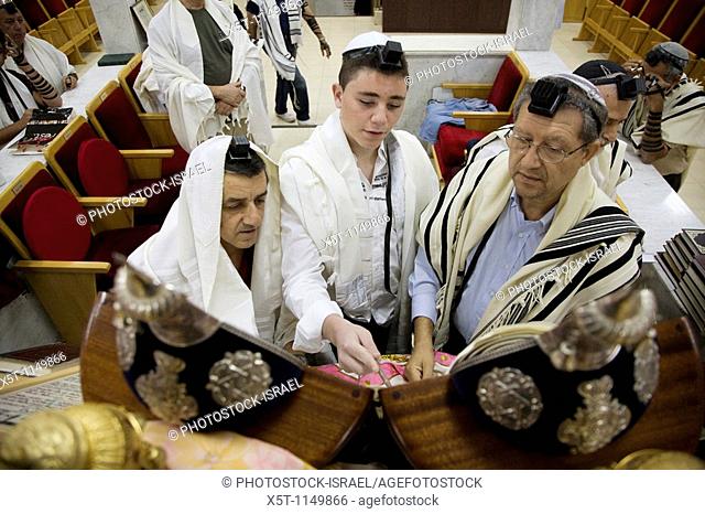 Israel, Tel Aviv, Beit Daniel, Tel Aviv's first Reform Synagogue Bar Mitzvah ceremony  Bar Mitzvah boy reads from the Torah