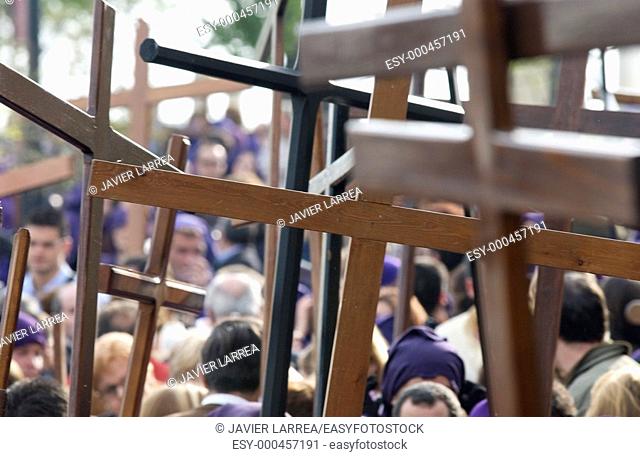 Penitents at procession during Holy Week. Osuna, Sevilla province. Andalusia. Spain