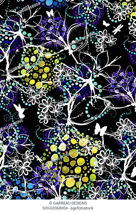 Butterflies and tropical flower outlines over black background with circle design