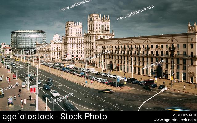 Minsk, Belarus. Two Buildings Towers Symbolizing Gates Of Minsk, Station Square. Crossing The Streets Of Kirova And Bobruyskaya