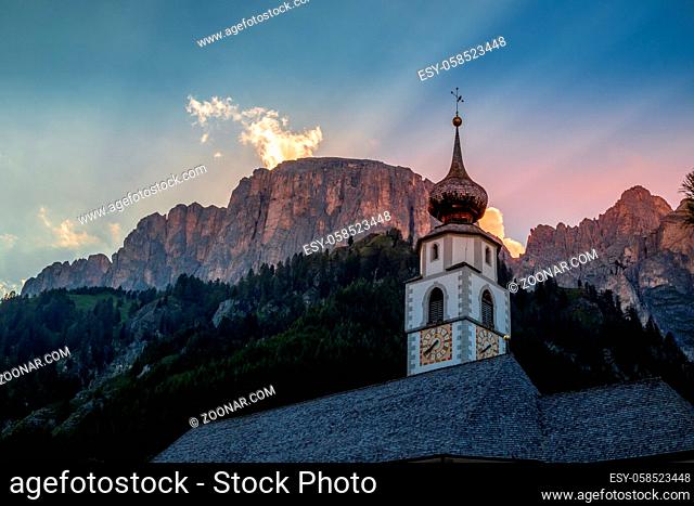 COLFOSCO, SOUTH TYROL/ITALY - AUGUST 8 :  View of the Parish Church of St. Vigilius in Colfosco, South Tyrol, Italy on August 8, 2020