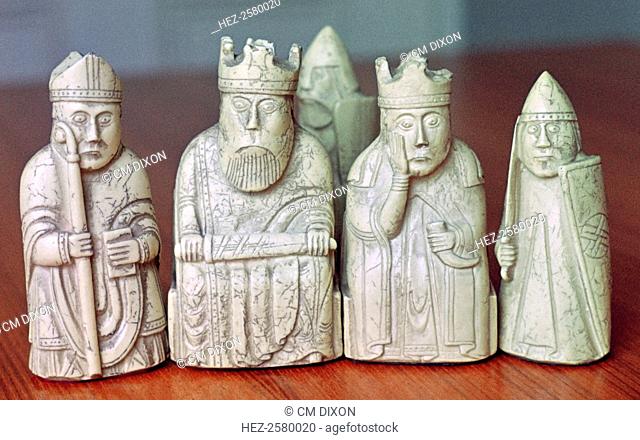 The Lewis Chessmen, (Norwegian?), c1150-c1200. Five ivory chess pieces from a collection of ninety-three found at Uig on the Isle of Lewis, Outer Hebrides