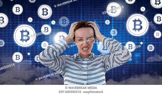 Woman with bitcoin technology information interface