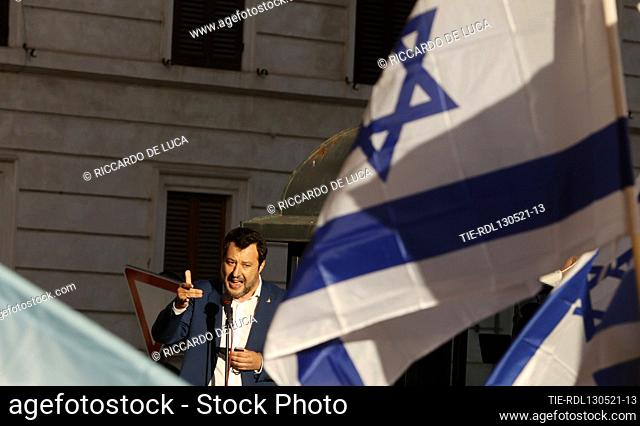 Matteo Salvini leader of Lega party attends at the demonstration promoted by Jewish community of Rome in solidarity to people of Israel in the Portico d'...