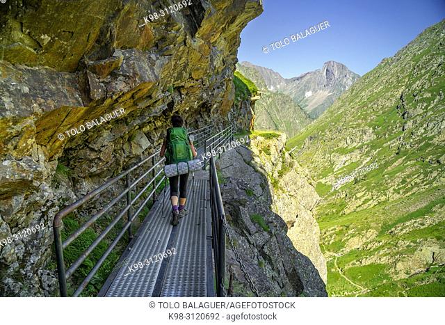 Footbridge over Caillouas gorge, louron, cordillera de los Pirineos, France