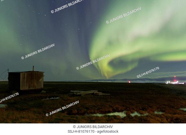 Northern Lights, village of Kaktovik. United States, Alaska, Arctic National Wildlife Refuge, North Slope Borough