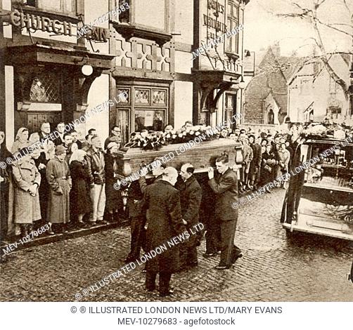 Watched by a large crowd, the body of Roger Byrne, Manchester United captain who died in the Munich air disaster, being carried into St Micheal's Church