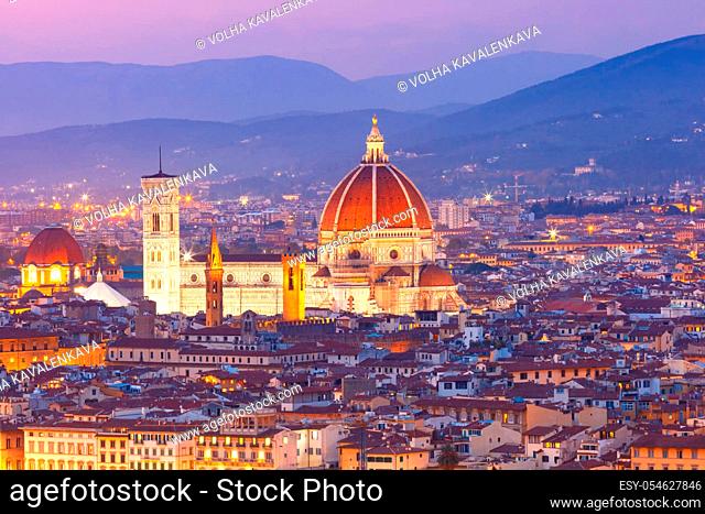 Beautiful panoramic view of Duomo Santa Maria Del Fiore at beautiful sunset in Florence, Tuscany, Italy