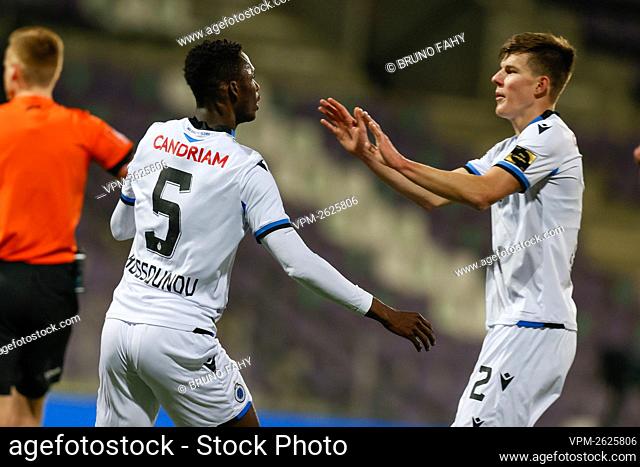 Club's Odilon Kossounou celebrates after scoring during a soccer match between Beerschot VA and Club Brugge, Sunday 17 January 2021 in Antwerp