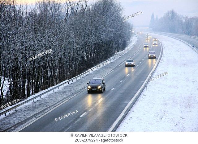 Tolls and A48 highway, AREA, between Lyon and Grenoble, cut to traffic in the direction Grenoble - Lyon due to snow and ice, Chartreuse, Alpes, Rhone-Alpes