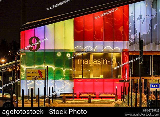 Stockholm, Sweden The facade of the Magasin 9 exhibition sapce and Stockholm Cruise Center at night