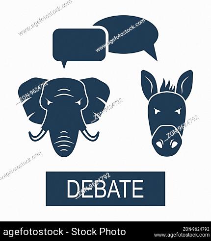 Illustration Concept of Debate Republicans and Democrats. Donkey and Elephant as a Symbols Vote of USA -