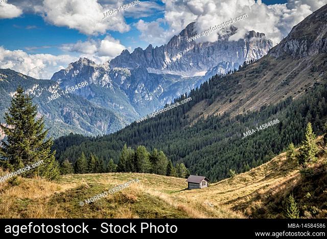 Italy, Veneto, province of Belluno, Rocca Pietore, Laste alm. Rustic lonely wooden cabin on a green high mountain plateau in Dolomites