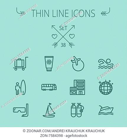 Travel thin line icon set for web and mobile. Set includes- yacht, oxygen tank, snorkel with mask, luggage, hotel, sailboat, plane, wakeboard, swimming, icons