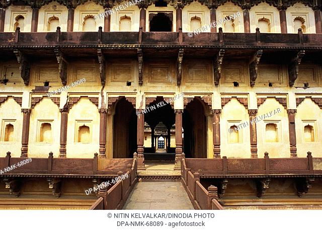 Symmetrical columns and arches structure inside palace of Raja Bir Singh Deo , Datia , Madhya Pradesh , India