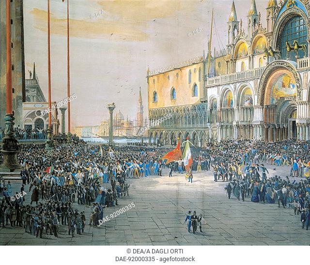 Italy - 19th century, First War of Independence -The Tricolour flying over San Marco Piazza in Venice, 1848. Painted by Luigi Quarena (1820-1887)  Venezia