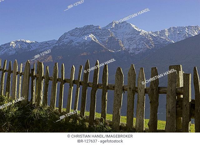 Wooden fence and mountains of the Ortler mountain range, Tanas, Vinschgau, South Tyrol, Italy