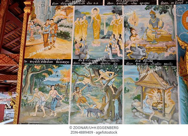 temple wall paintings, luang prabang, laos