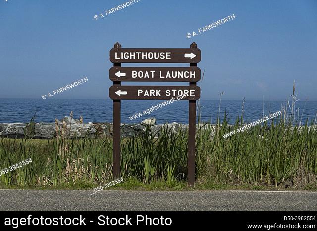 Point Lookout, Maryland USA SIgns in the National Park pointing to lighthouse, boat launch and park store