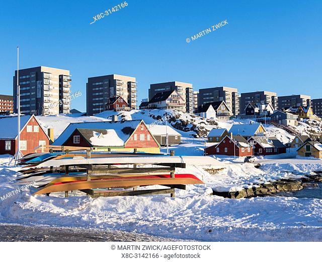 View over the old town and the colonial harbour towards the modern quarters of Nuuk. Nuuk, the capital of Greenland. America, North America, Greenland