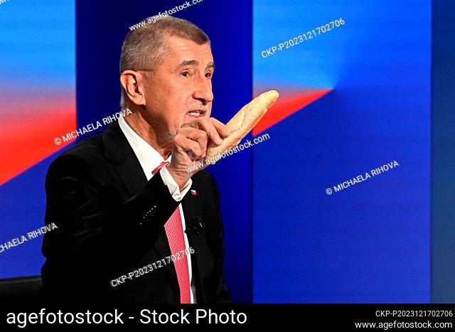 Czech Prime Minister Petr Fiala (ODS), not seen, and former PM Andrej Babis (ANO) attend a discussion programme on Nova TV, Five Minutes to Twelve, Prague