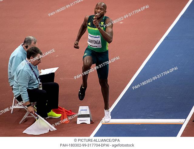 02 March 2018, Great Britain, Birmingham: IAAF World Indoor Championships in Athletics, Men, Long Jump: Luvo Manyonga of South Africa in action