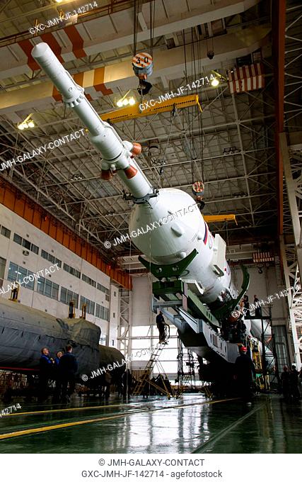 The Soyuz rocket and Soyuz TMA-20M spacecraft is assembled Tuesday, March 15, 2016 at the Baikonur Cosmodrome in Kazakhstan