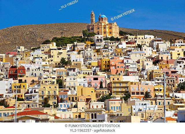 Ermoupolis lookint towards the Greek Orthodox Church of Anastasis built in 1870 on the top of Vrodado Hill, Syros  S  , Greek Cyclades Islands