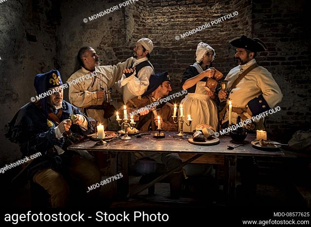 French and Indian Wars. Hypothetical reenactment of civil and military life. Beauport, Quebec, Nouvelle France. Soldiers of the Compagnie Franche de Marine and...