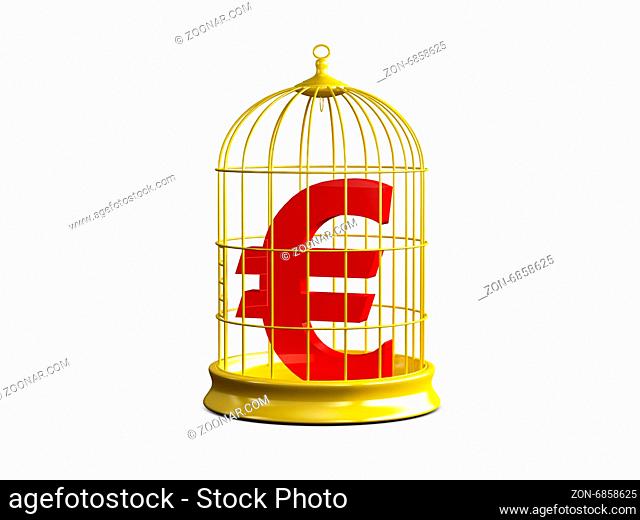 Red euro sign in golden bird cage with closed door, isolated on white background