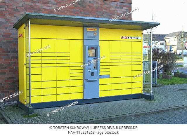 A packing station of the parcel service DHL at the city field in Schleswig. It is a model trade system, where each package has its own compartment