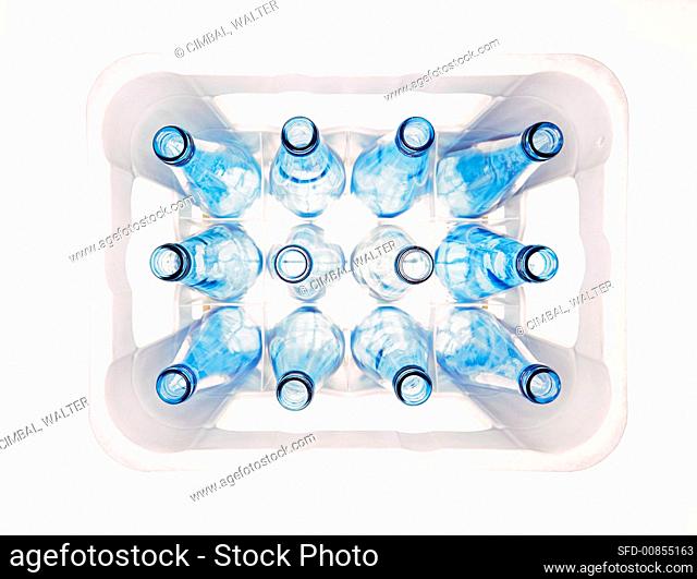 Box of opened water bottles (from above)