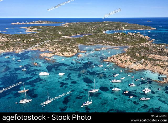 Aerial view of islands and tourists boats in the La Maddalena Archipelago in Costa Smeralda, Sardinia, Italy