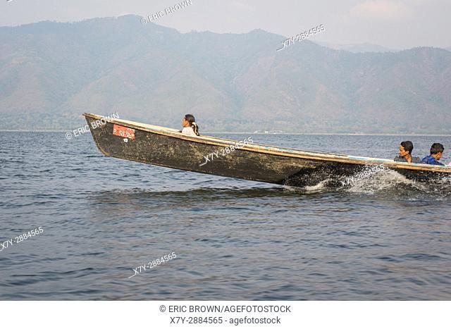 Travelling in a motorboat on Inle Lake, Myanmar