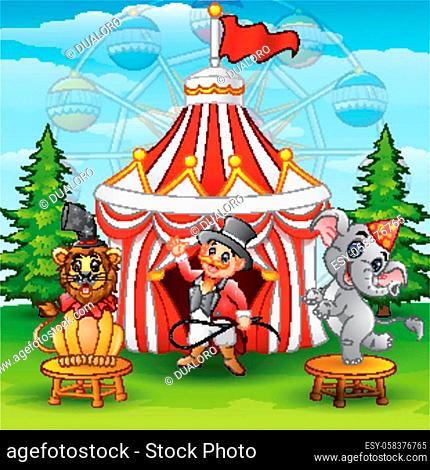 Circus elephant with lion and tamer on the circus tent background