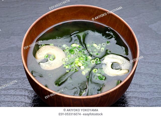 Japanese food, Miso soup of seaweed wakame on a bowl