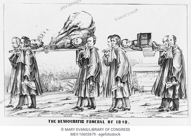 The Democratic funeral of 1848. Foreseeing political death for the Democrats in the election, the artist imagines a funeral of the party's standard-bearers with...