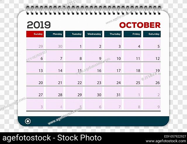 October 2019. Calendar planner design template. Week starts on Sunday