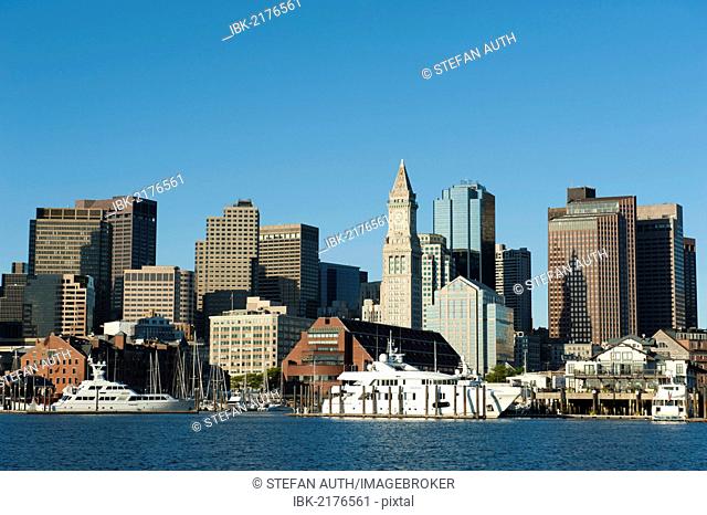 Skyline with Custom House Tower, Financial District, Commercial Wharf, view from Boston Harbour, Boston, Massachusetts, New England, USA, North America