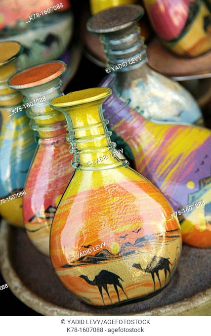 Souvenir bottles filled with desert sand, Aqaba, Jordan
