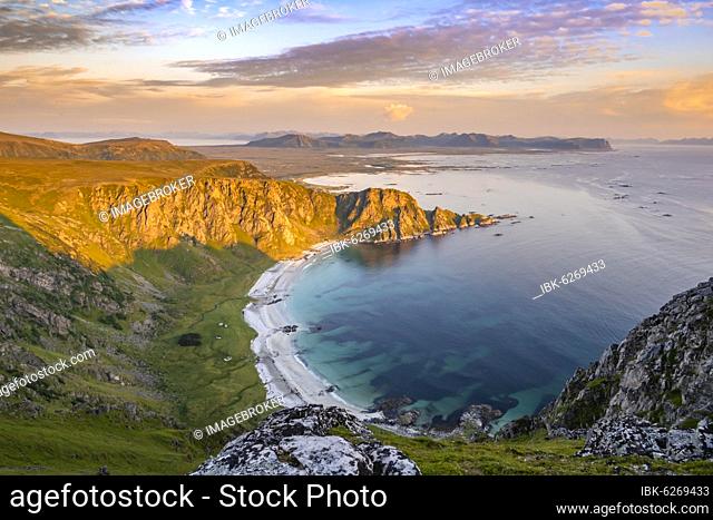 Evening atmosphere, beach and sea, view from the top of Måtinden, near Stave, Nordland, Norway, Europe