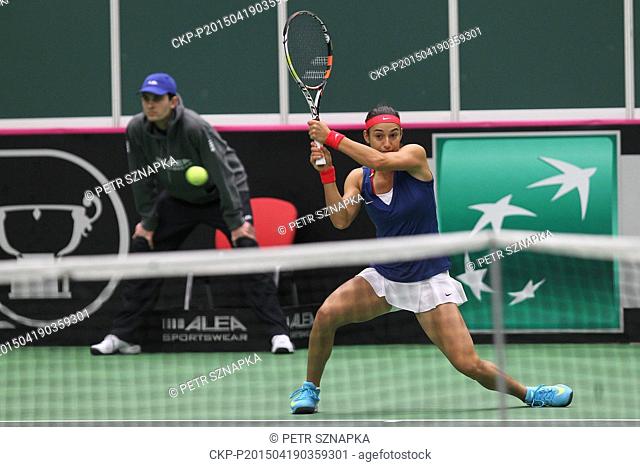 French tennis player Caroline Garcia in action during the semifinal Czech Republic vs. France Fed Cup match against Petra Kvitova in Ostrava, Czech Republic