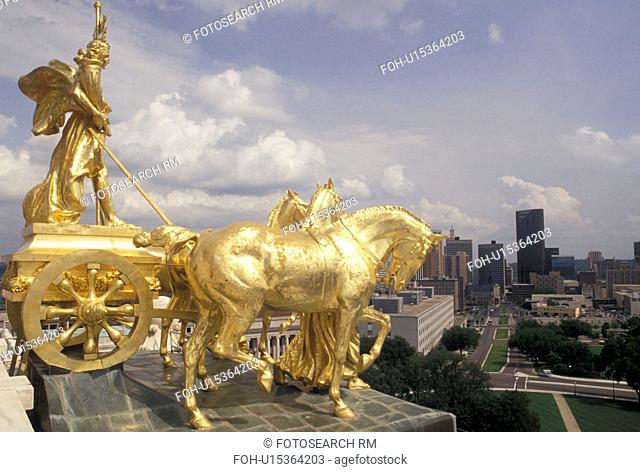 State Capitol, St. Paul, MN, State House, Minnesota, Twin Cities, The Progress of the State gold chariot statue representing prosperity under the dome of the...