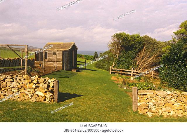 Drystone walls and shed with the ocean beyond, Flagstaff Hill Maritime Museum, Warrnambool, Victoria, Australia