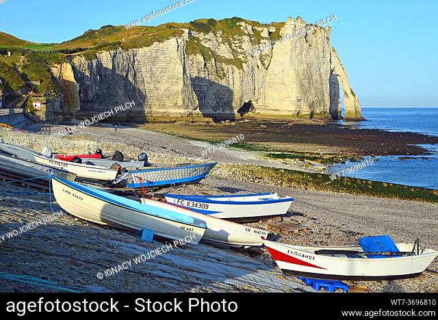 Etretat, fishing boats on the seaside in the morning