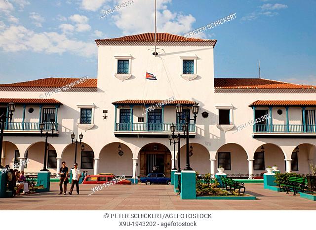 the central square Parque Cespedes with the City Hall in Santiago de Cuba, Cuba, Carribean