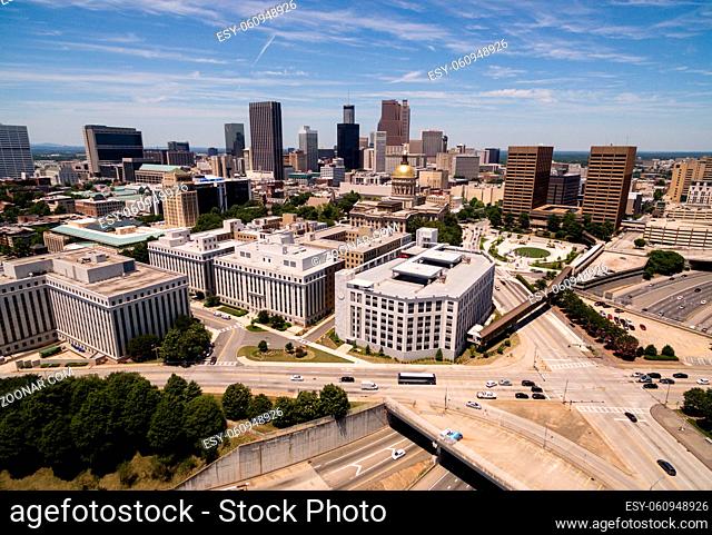 Late afternoon sunny summer day in downtown Atlanta looking from a birdseye aerial view