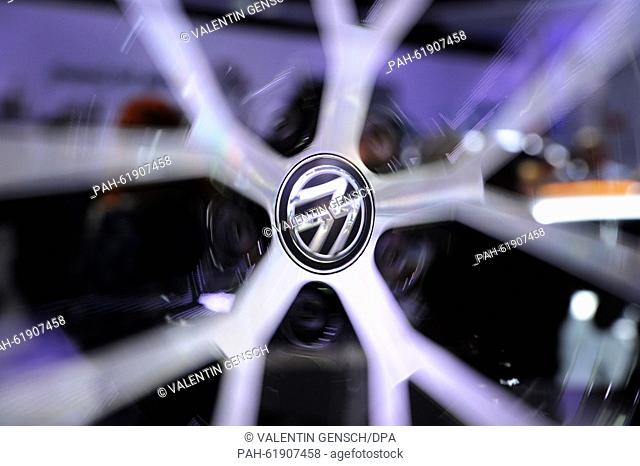 The corporate logo of German car manufacturer Volkswagen on a wheel rim at the International Motor Show IAA in Frankfurt/Main, 23 September 2015
